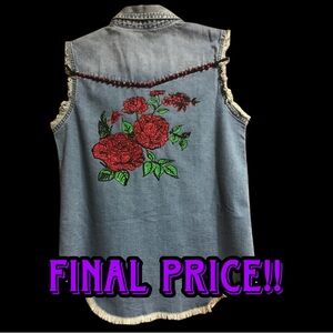 One of a Kind Red Roses Denim Sleeveless Shirt